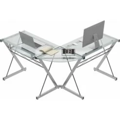 Soges Bureau D'angle En Forme De L, Grand Bureau De Jeu, Bureau D'étude En Verre Transparent De Haute Qualité Avec Support De Clavier 130cm X 130cm