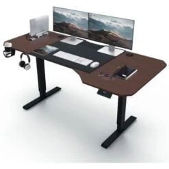 Bureau En L De 160CM, Réglable En Hauteur, Avec Support Pour écouteurs, Marron