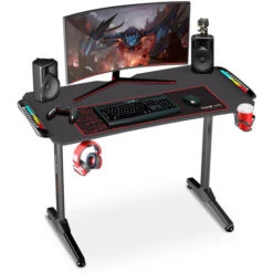 Bureau Gaming Ergonomique, Table D'ordinateur Avec LED, Grand Bureau De Jeu Avec Panier à Boissons Crochet Pour Casque, Adapté Au Bureau Maison, 120x68x75 Cm