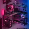 COMHOMA Bureau Avec Rangement, LED Bureau Gaming, Bureau Angle, Avec Chargeur USB, Support De Moniteur Brown