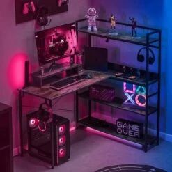 COMHOMA Bureau Avec Rangement, LED Bureau Gaming, Bureau Angle, Avec Chargeur USB, Support De Moniteur Brown
