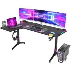 Bureau D'Angle Gaming LED Informatique - 16210077cm Table Gamer RGB En Forme L D'Ordinateur Avec Porte Casque - Modèle Gauche