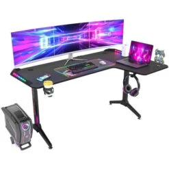 Bureau D'Angle Gaming LED Informatique - 16210077cm Table Gamer RGB En Forme L D'Ordinateur Avec Porte Casque - Modèle Droite