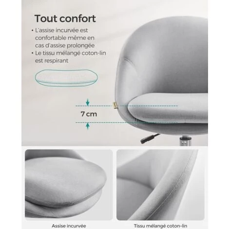SONGMICS Chaise De Bureau, Fauteuil Pivotant, Siège Confort, Rembourrage En Mousse, Réglable En Hauteur, Pour Bureau, Chambre, Gris OBG020G01 – Image 3
