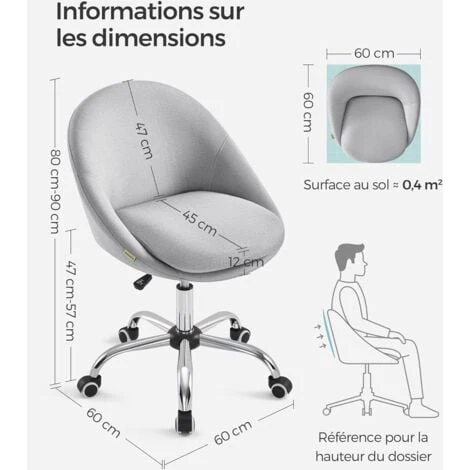 SONGMICS Chaise De Bureau, Fauteuil Pivotant, Siège Confort, Rembourrage En Mousse, Réglable En Hauteur, Pour Bureau, Chambre, Gris OBG020G01 – Image 5