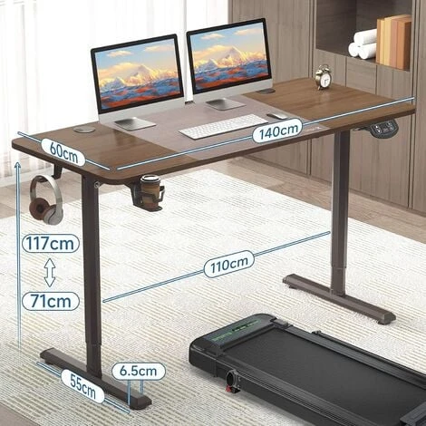 Bureau Assis Debout Electrique, 140x60cm, Bureau Motorisé Ergonomique, Avec Contrôle De La Mémoire, Tapis De Souris, Noyer+Noir – Image 2