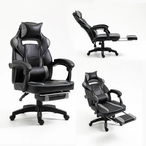 Fauteuil Gamer - Chaise Gaming Ergonomique Inclianble - Avec Repose-pieds Télescopique - Hauteur Réglable - Appui-tête, Support Lombaire, Charge 150 Kg, Noir