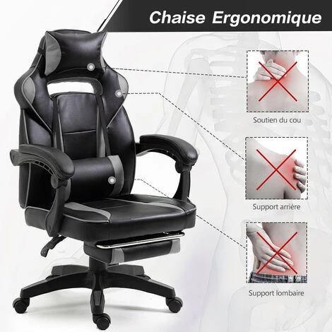 Fauteuil Gamer - Chaise Gaming Ergonomique Inclianble - Avec Repose-pieds Télescopique - Hauteur Réglable - Appui-tête, Support Lombaire, Charge 150 Kg, Noir – Image 2