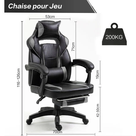 Fauteuil Gamer - Chaise Gaming Ergonomique Inclianble - Avec Repose-pieds Télescopique - Hauteur Réglable - Appui-tête, Support Lombaire, Charge 150 Kg, Noir – Image 3