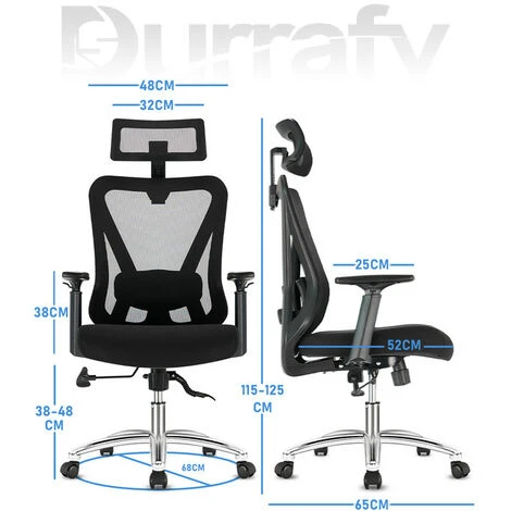 Durrafy Chaise De Bureau Ergonomic Avec Verrouillage De L'inclinaison à 90 130 ° Fauteuil De Bureau En Maille Support Appui-tête, Soutien Lombaire Réglable, Accoudoir, Coussin En éponge Noir – Image 3