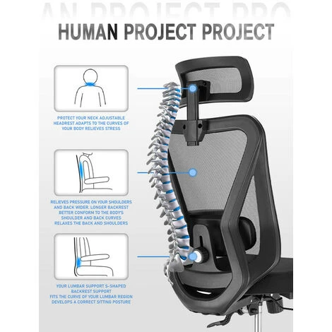 Durrafy Chaise De Bureau Ergonomic Avec Verrouillage De L'inclinaison à 90 130 ° Fauteuil De Bureau En Maille Support Appui-tête, Soutien Lombaire Réglable, Accoudoir, Coussin En éponge Noir – Image 4