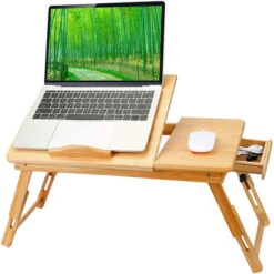GUOYIHUA® Table De Lit Pliable Pour Ordinateur Réglable Support Pour Ordinateur Portable Avec Tiroir Bureau PC En Bambou Plateau De Petit-déjeuner Au Lit Inclinable Pour Tablette Notebook Camping Parc