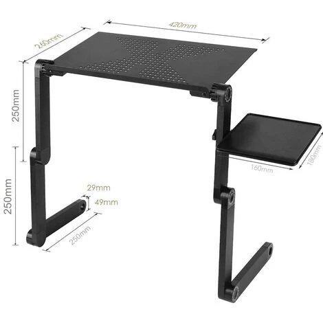 GUOYIHUAÂź Table De Lit Pliable, Bureau D'ordinateur Portable Pliable En Aluminium Ergonomique Plateau Support De Lecture Inclinable Avec Coussin De Refroidissement Noir â Image 2