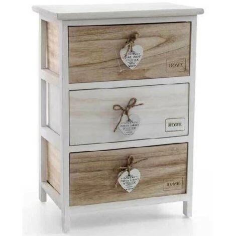 Coffre De Tiroirs Avec 3 Tiroirs 58x40x29cm Coeur Blanc En Bois Naturel Moderne Maison