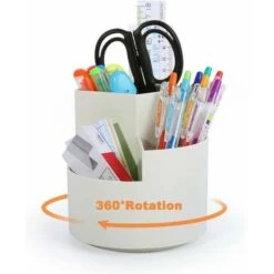 Pot à Crayons Rotatif Avec 3 Compartiments, Organisateur De Porte-stylos De Bureau, Pot à Crayons De Bureau, Blanc