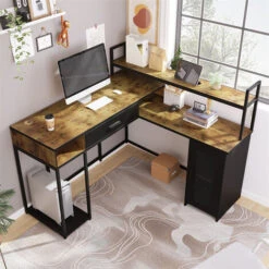 Bureau Avec Tiroirs Et Armoire Table D'ordinateur 130 CM Bureau D'angle En L